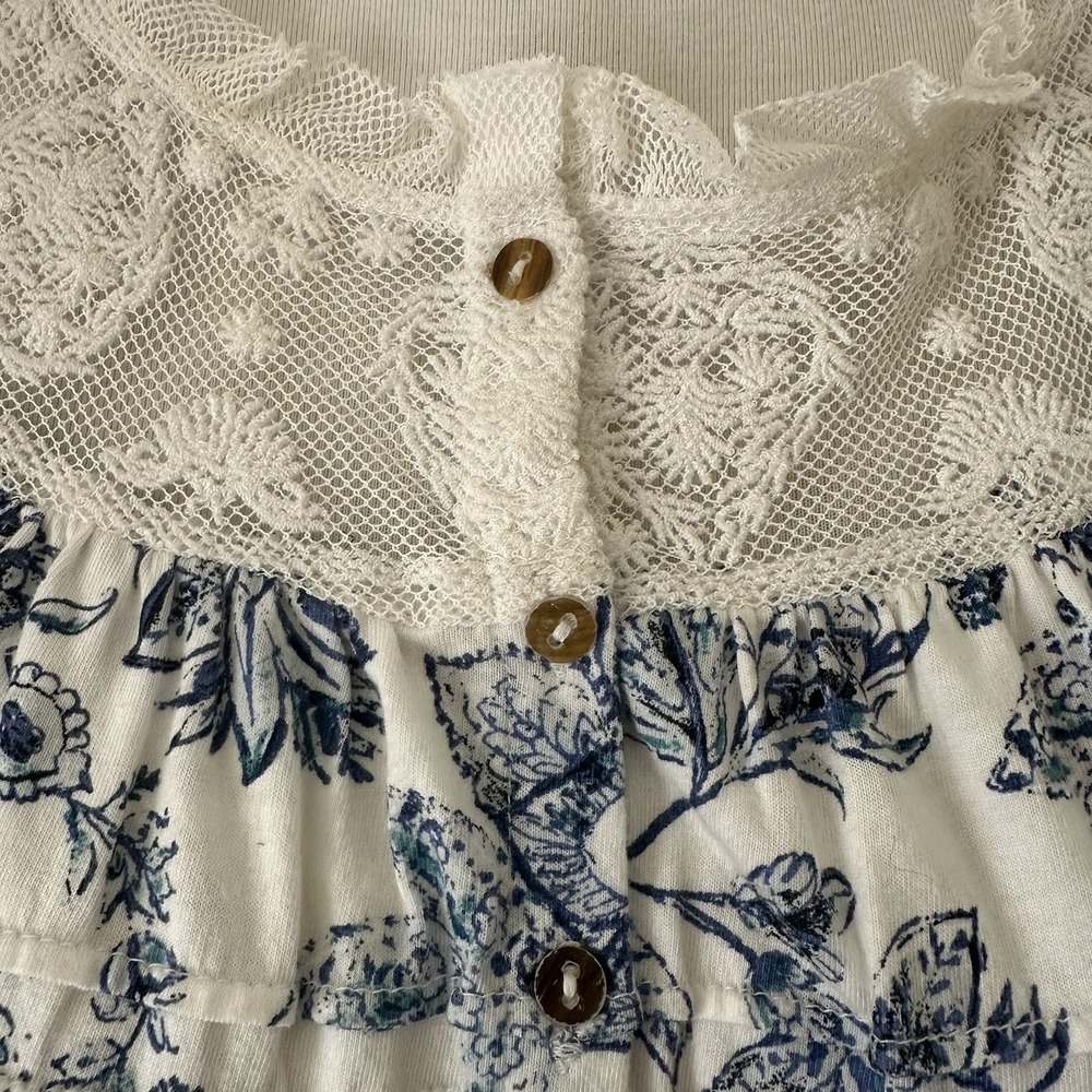 Sundance Top Womens M Blue Floral Lace Cottagecore Puff Sleeve Button Up - Picture 4 of 10
